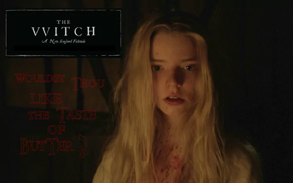 HD desktop wallpaper featuring Anya Taylor-Joy in a gothic, horror-themed scene from the movie The VVitch.