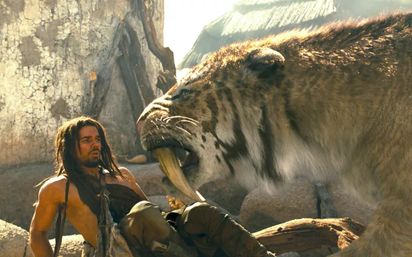 A dramatic scene from the movie 10,000 BC, featuring a saber-toothed tiger confronting a man in a prehistoric setting, captured in high-definition detail.