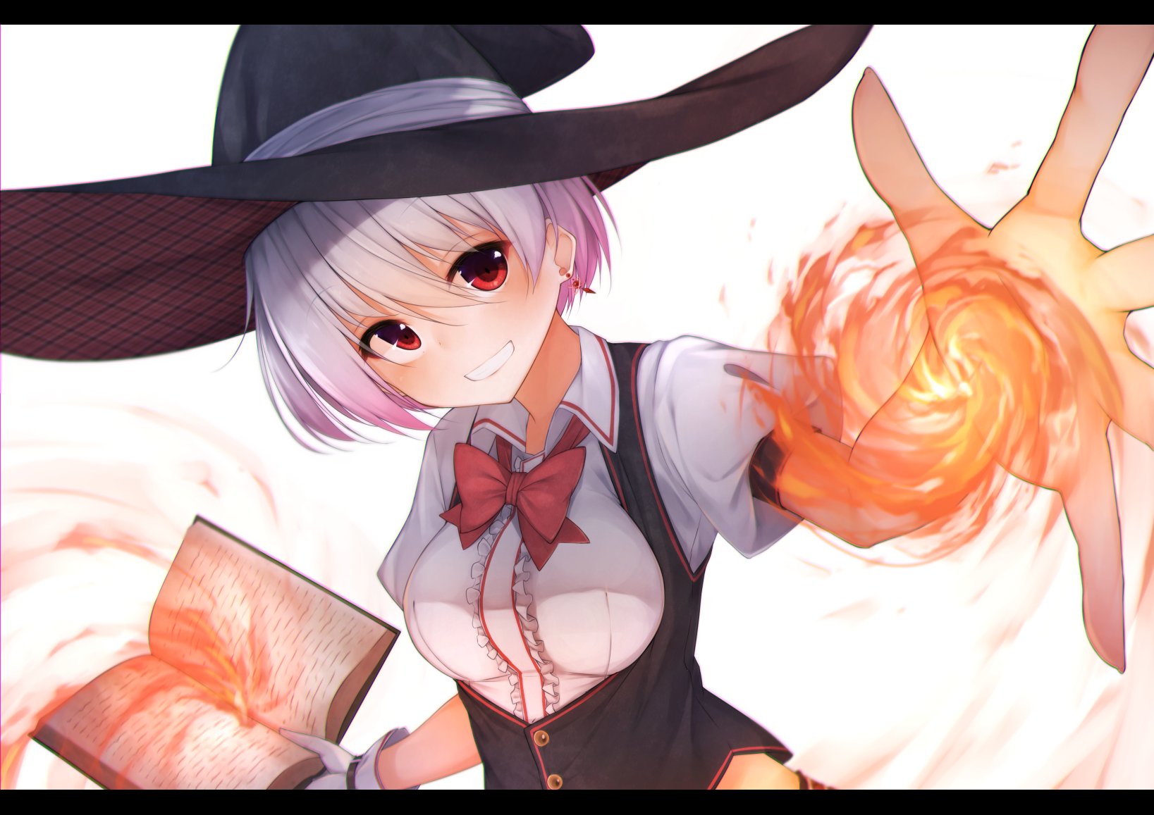 Download Smile Hat Bow (Clothing) Purple Hair Short Hair Red Eyes Fire  Magic Book Witch Anime Original Wallpaper