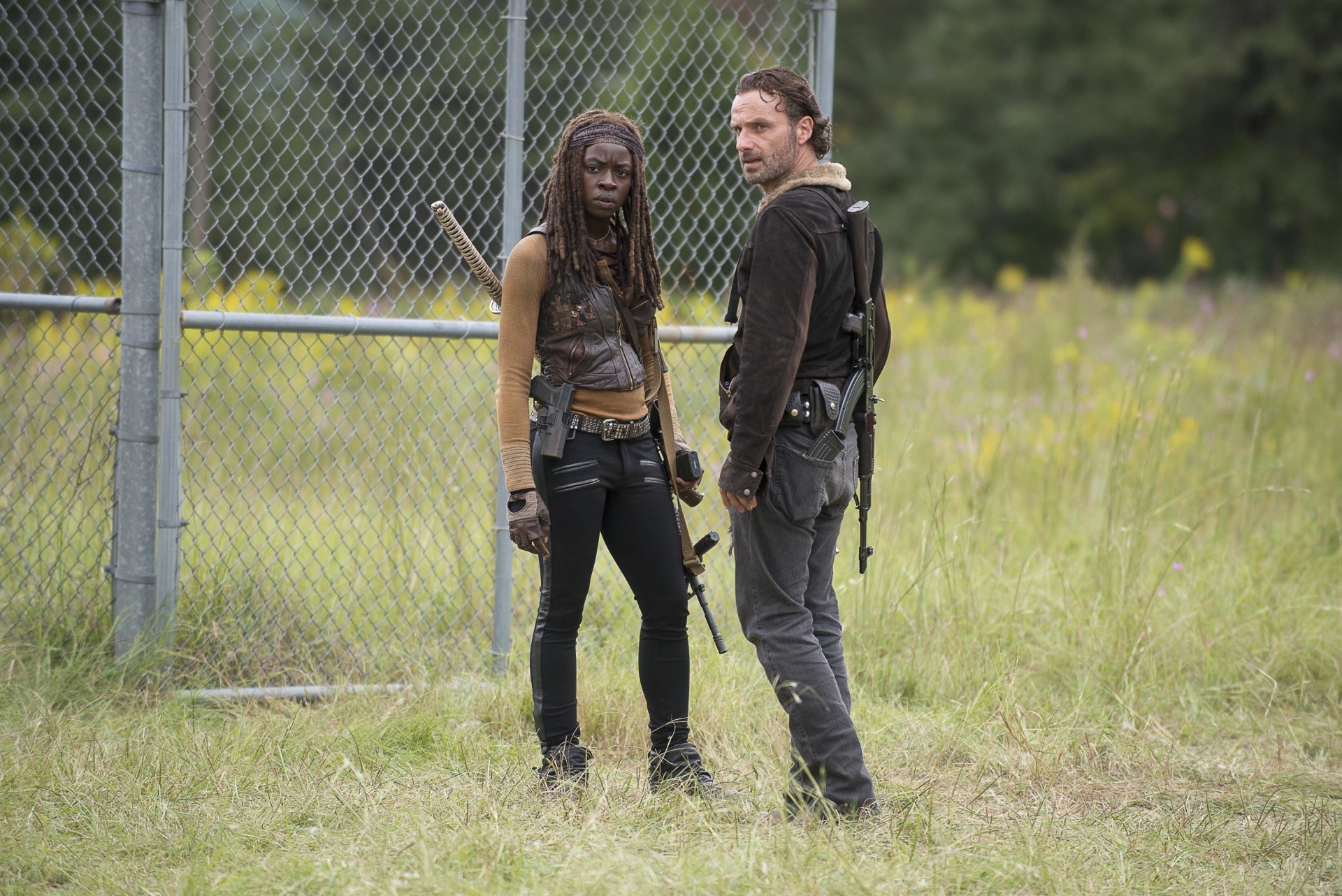 Danai Gurira as Michonne and Andrew Lincoln as Rick Grimes from The Walking Dead, standing in a field near a fence, showcasing their iconic roles in the acclaimed TV series.