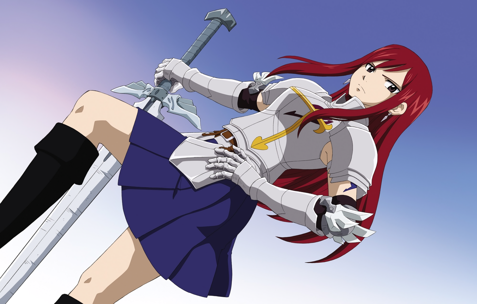 An HD desktop wallpaper featuring Erza Scarlet, a strong character from the anime Fairy Tail, depicted in her armor, wielding a sword with a determined expression.