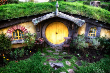 HD desktop wallpaper showcasing a man-made Hobbiton hobbit hole with a round yellow door, surrounded by lush greenery and rustic wooden details.
