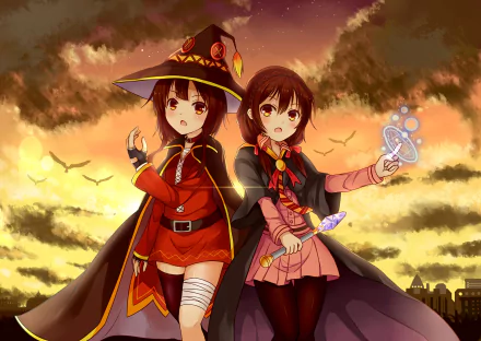 HD wallpaper featuring Yunyun and Megumin from KonoSuba - God’s Blessing on This Wonderful World!!, set against a dramatic sunset backdrop. An engaging anime scene.