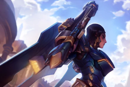HD desktop wallpaper featuring Pharah from the video game Overwatch in her armored suit, poised against a bright sky background.