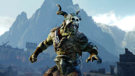 4K Ultra HD desktop wallpaper from the video game Middle-earth: Shadow of Mordor, featuring a menacing warrior with a horned skull mask against a mountainous backdrop.