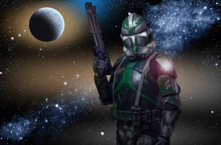 HD desktop wallpaper of a green-armored Clone Trooper standing in a galaxy with stars and a distant planet, capturing a vivid Star Wars sci-fi scene.