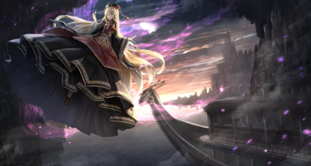 HD anime wallpaper featuring Junko from Touhou standing gracefully with long flowing hair against a dramatic, mystical landscape at twilight.