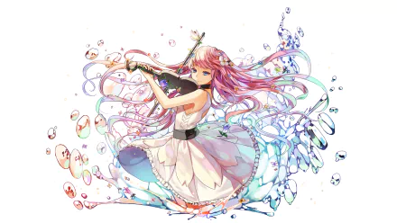 A vibrant anime image features a young girl with flowing pink hair playing a violin, surrounded by colorful swirls and bubbles, making an enchanting HD desktop wallpaper.