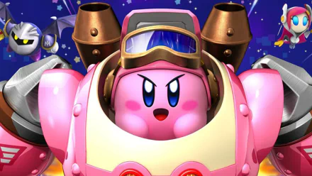 HD desktop wallpaper featuring Kirby in a robotic suit from *Kirby: Planet Robobot*, surrounded by colorful background elements and friends from the game.
