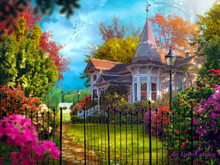 A vibrant painting of a garden in spring, showcasing a colorful array of flowers and a charming house behind an ornate gate, creating a serene and artistic atmosphere.