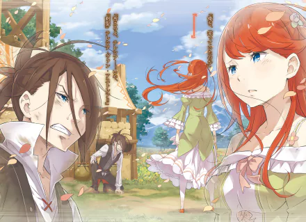 HD desktop wallpaper featuring Wilhelm van Astrea and Theresia van Astrea from the anime Re:Zero - Starting Life in Another World. The vibrant scene showcases detailed art and dynamic characters.