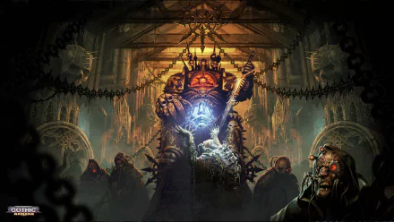 HD wallpaper depicting a dramatic scene from Battlefleet Gothic: Armada, featuring a powerful figure on a throne surrounded by followers.