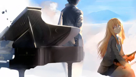 A serene HD wallpaper featuring Kousei Arima and Kaori Miyazono from the anime Your Lie in April, with a grand piano and a beautiful sky backdrop.