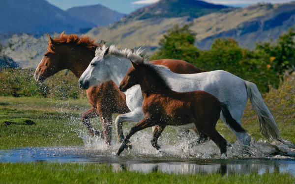 Three horses running through shallow water, creating splashes, with lush greenery and mountains in the background. A vibrant HD desktop wallpaper featuring the beauty of nature and wildlife.