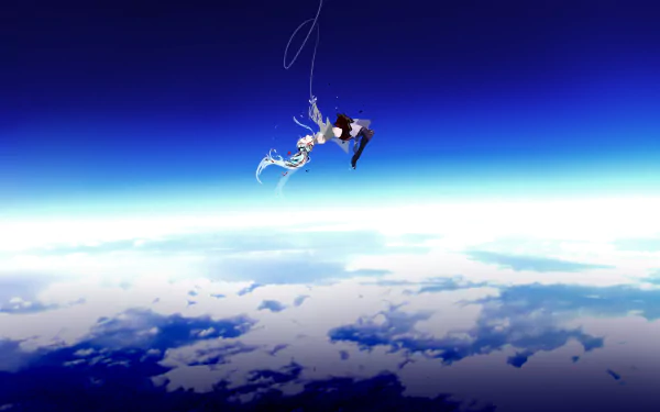 Anime-style Hatsune Miku and another character falling through a vibrant blue sky above clouds, depicted in a high-definition Vocaloid-themed desktop wallpaper.