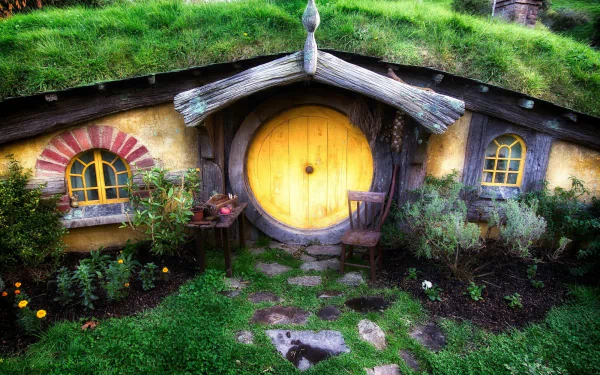 HD desktop wallpaper showcasing a man-made Hobbiton hobbit hole with a round yellow door, surrounded by lush greenery and rustic wooden details.