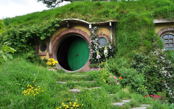 Man-made Hobbiton hobbit hole nestled into a grassy hillside with vibrant flowers, captured in an HD PC desktop wallpaper and background.