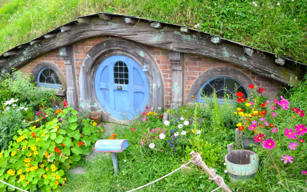 A vibrant 4K Ultra HD wallpaper of a man-made Hobbiton home nestled in lush greenery, featuring a round blue door and colorful flowers in full bloom.