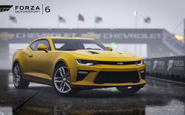 HD PC desktop wallpaper featuring a yellow Chevrolet Camaro from the video game Forza Motorsport 6 on a rainy racetrack.