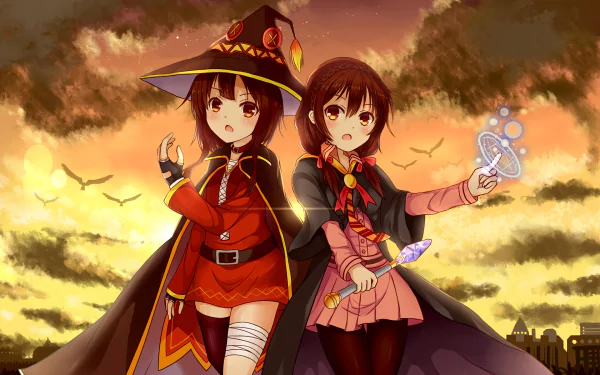 HD wallpaper featuring Yunyun and Megumin from KonoSuba - God’s Blessing on This Wonderful World!!, set against a dramatic sunset backdrop. An engaging anime scene.