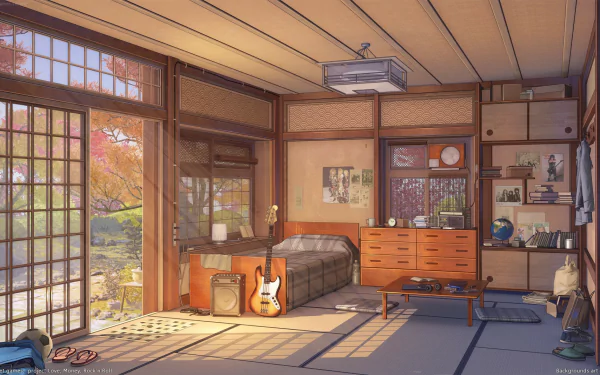 A serene anime room featuring traditional decor, a guitar, and large windows showcasing vibrant autumn foliage. This HD desktop wallpaper creates a peaceful atmosphere.