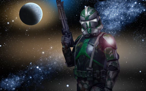 HD desktop wallpaper of a green-armored Clone Trooper standing in a galaxy with stars and a distant planet, capturing a vivid Star Wars sci-fi scene.