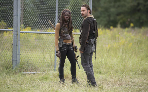 Danai Gurira as Michonne and Andrew Lincoln as Rick Grimes from The Walking Dead, standing in a field near a fence, showcasing their iconic roles in the acclaimed TV series.