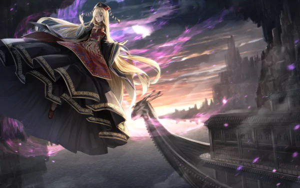 HD anime wallpaper featuring Junko from Touhou standing gracefully with long flowing hair against a dramatic, mystical landscape at twilight.