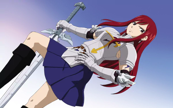 An HD desktop wallpaper featuring Erza Scarlet, a strong character from the anime Fairy Tail, depicted in her armor, wielding a sword with a determined expression.