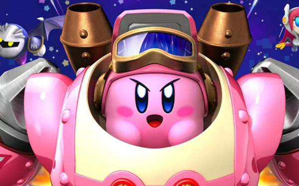 HD desktop wallpaper featuring Kirby in a robotic suit from *Kirby: Planet Robobot*, surrounded by colorful background elements and friends from the game.