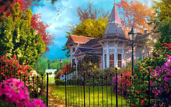A vibrant painting of a garden in spring, showcasing a colorful array of flowers and a charming house behind an ornate gate, creating a serene and artistic atmosphere.