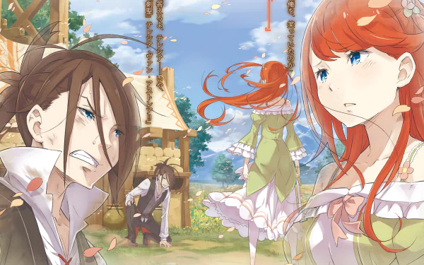 HD desktop wallpaper featuring Wilhelm van Astrea and Theresia van Astrea from the anime Re:Zero - Starting Life in Another World. The vibrant scene showcases detailed art and dynamic characters.
