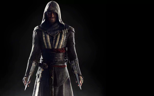 A striking HD desktop wallpaper featuring a hooded character from the movie Assassin's Creed, poised dramatically with weapons at the ready against a dark background.