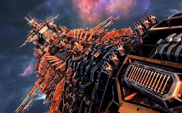 A detailed HD desktop wallpaper from the video game Battlefleet Gothic: Armada, showcasing a massive, intricately designed spaceship against a vibrant cosmic backdrop.