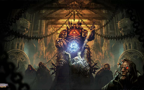 HD wallpaper depicting a dramatic scene from Battlefleet Gothic: Armada, featuring a powerful figure on a throne surrounded by followers.
