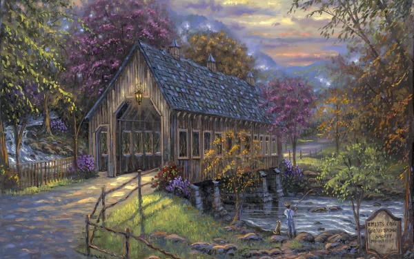 HD artistic painting of a covered bridge surrounded by vibrant autumn foliage and a serene stream, set against a colorful sunset sky.