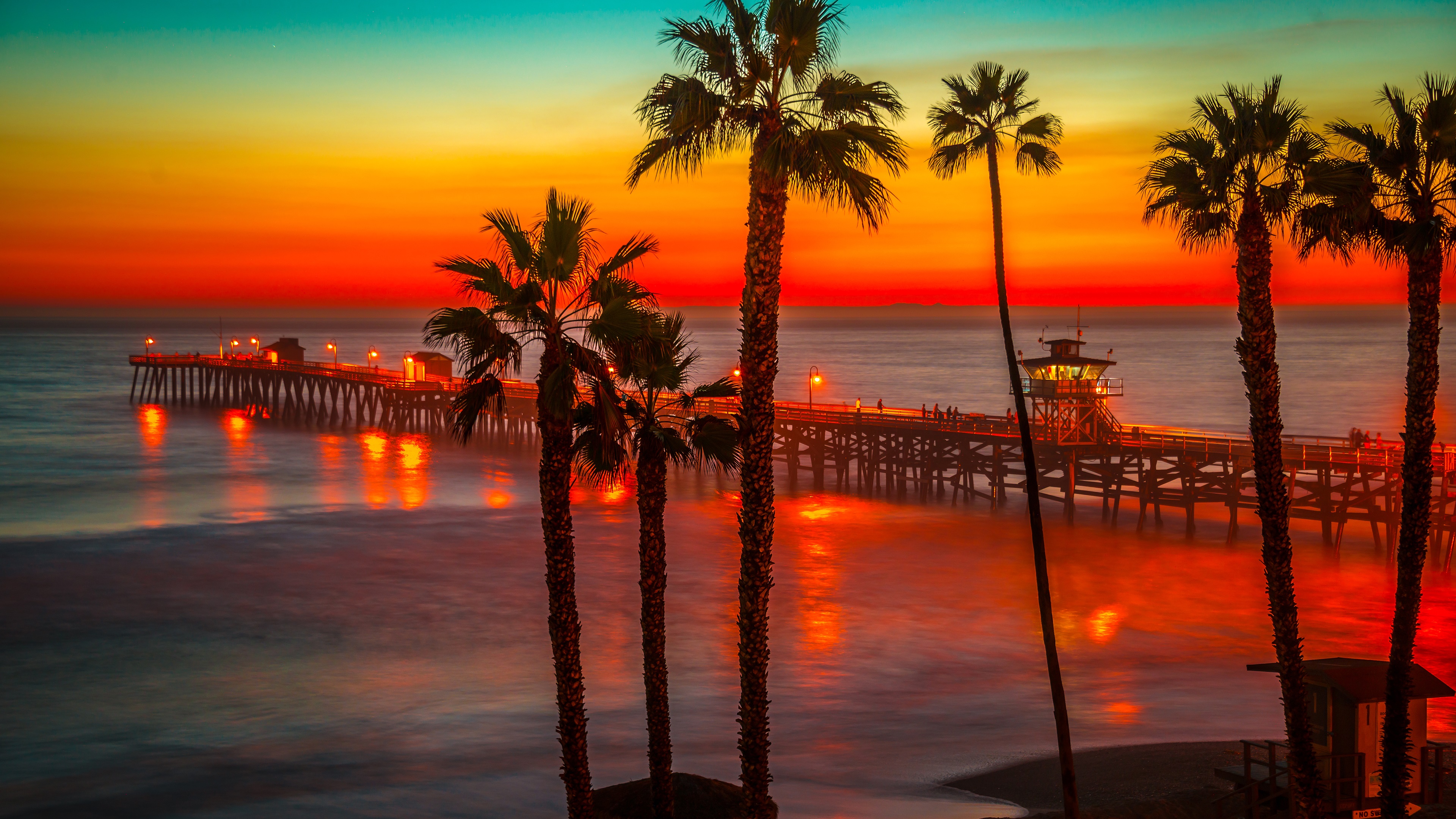 Download Horizon Ocean Silhouette Sunset Palm Tree Man Made Pier 4k