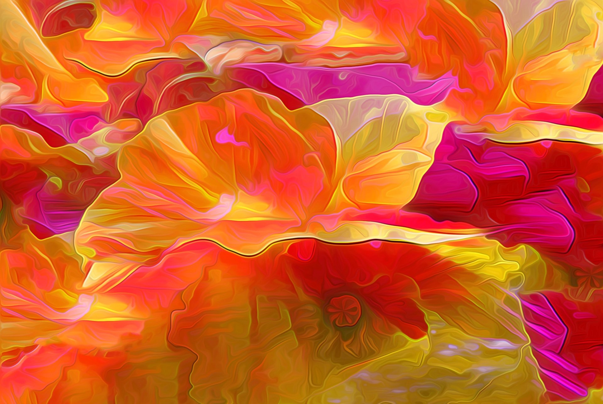 A vibrant, artistic painting of flowers in shades of yellow, red, and orange, creating a dynamic and colorful HD desktop wallpaper.