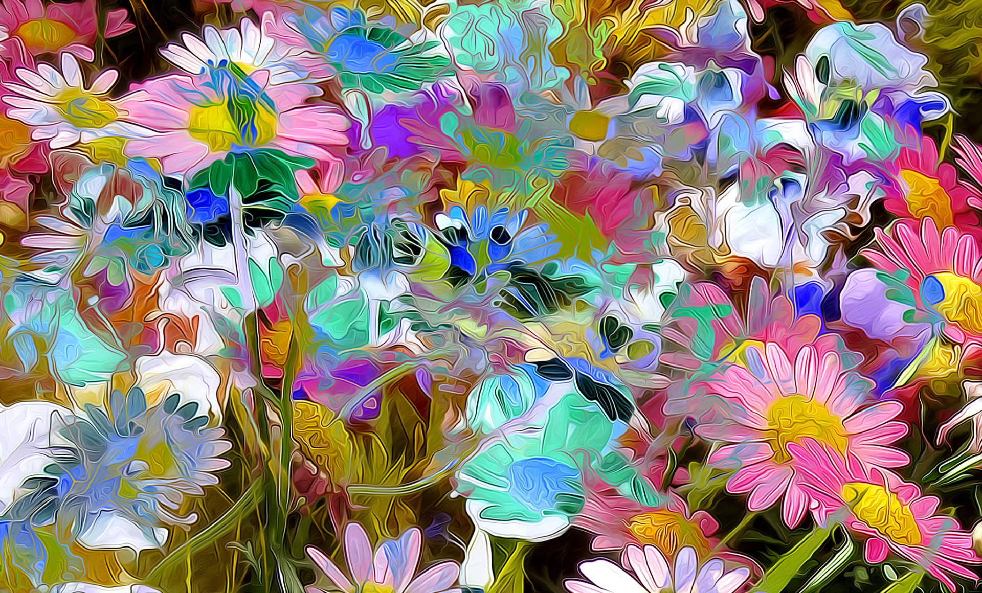 Vibrant, colorful artistic painting of daisies with rich hues, designed as a high-definition PC desktop wallpaper and background.