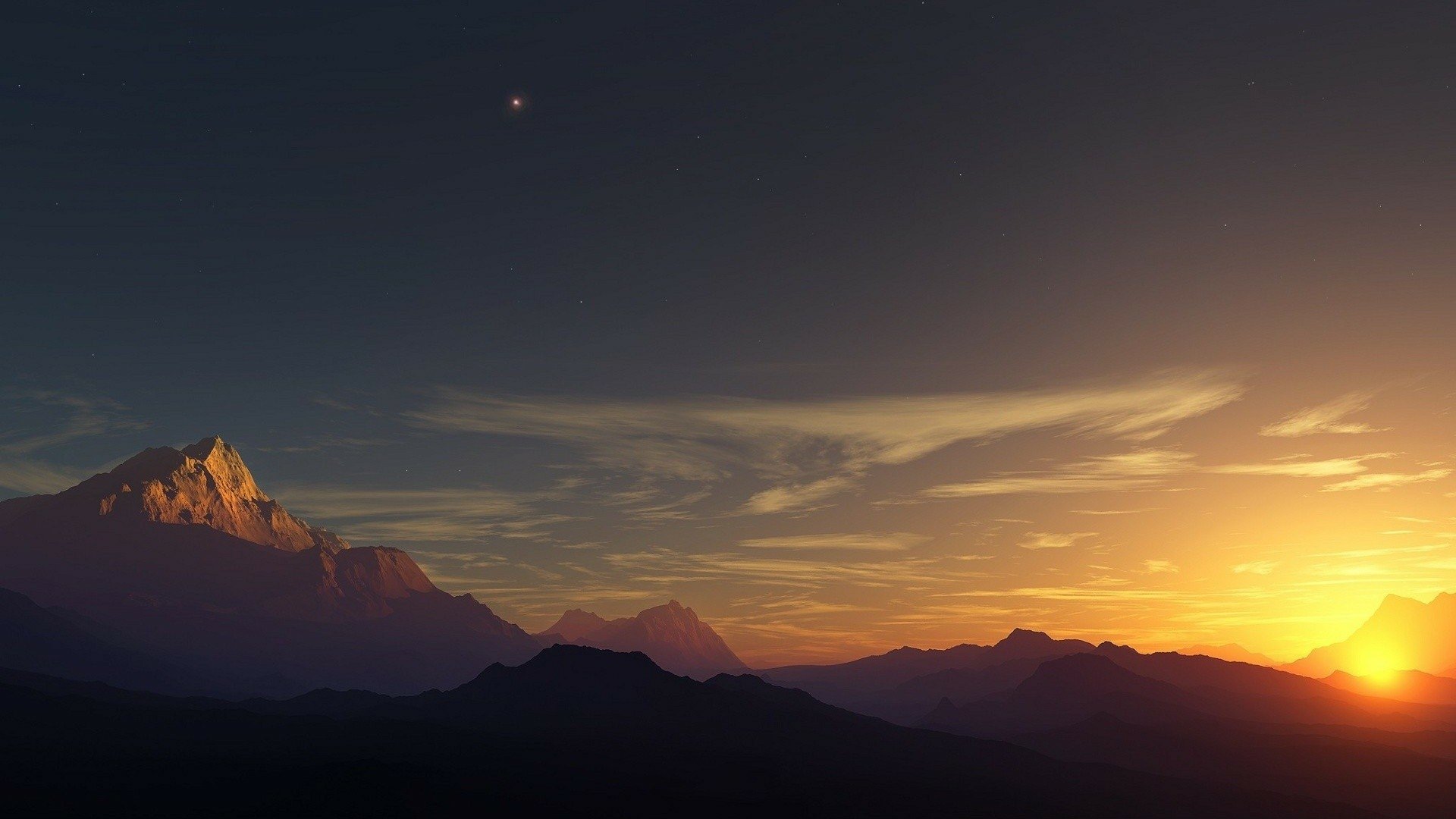 A breathtaking HD wallpaper featuring majestic mountains under a colorful sky, adorned with wispy clouds as the sun sets, capturing the beauty of nature.