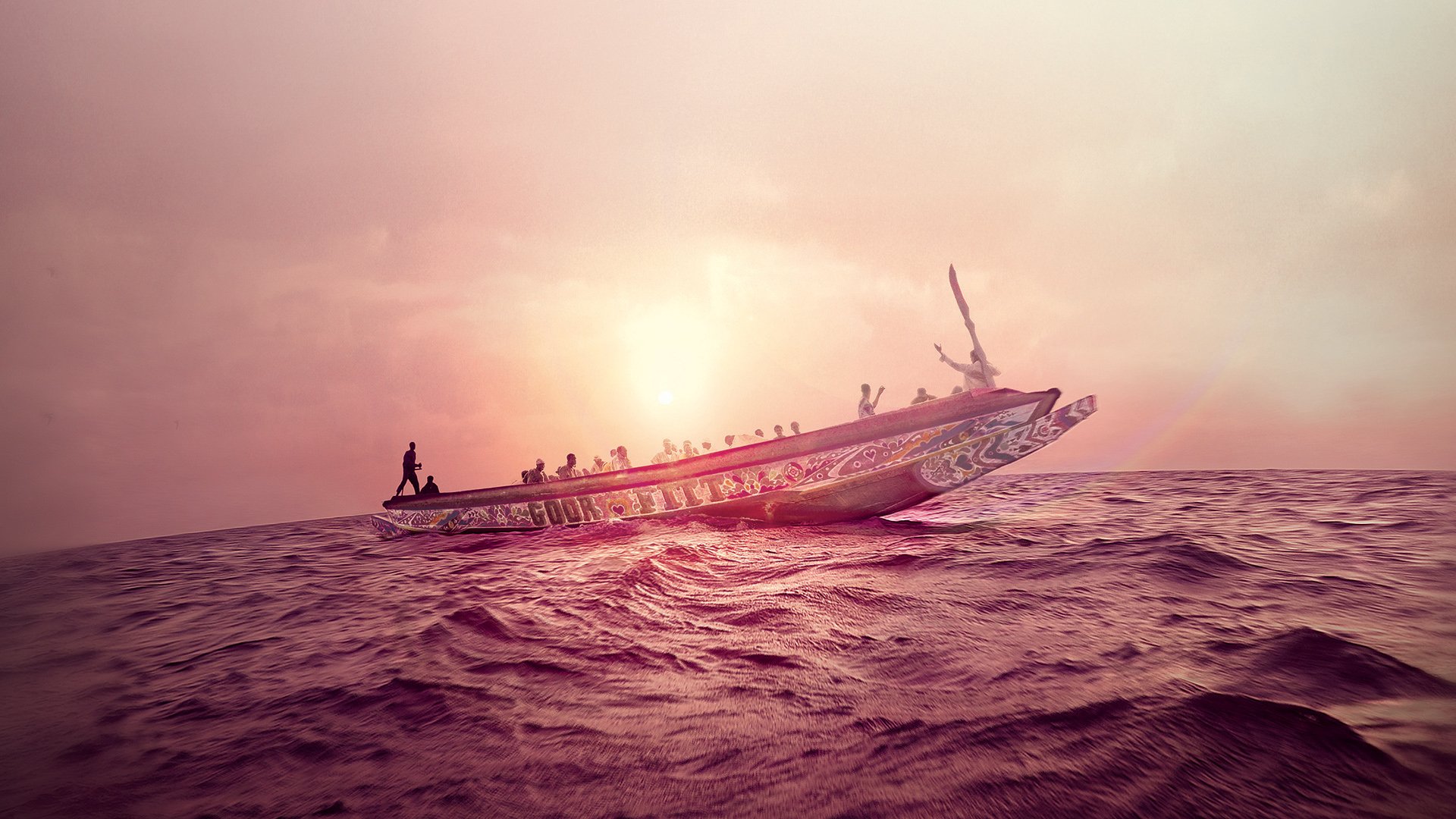 HD PC desktop wallpaper/background: cinematic ocean scene from the movie The Pirogue, a pirogue boat with silhouetted figures on deck against a warm sunrise.
