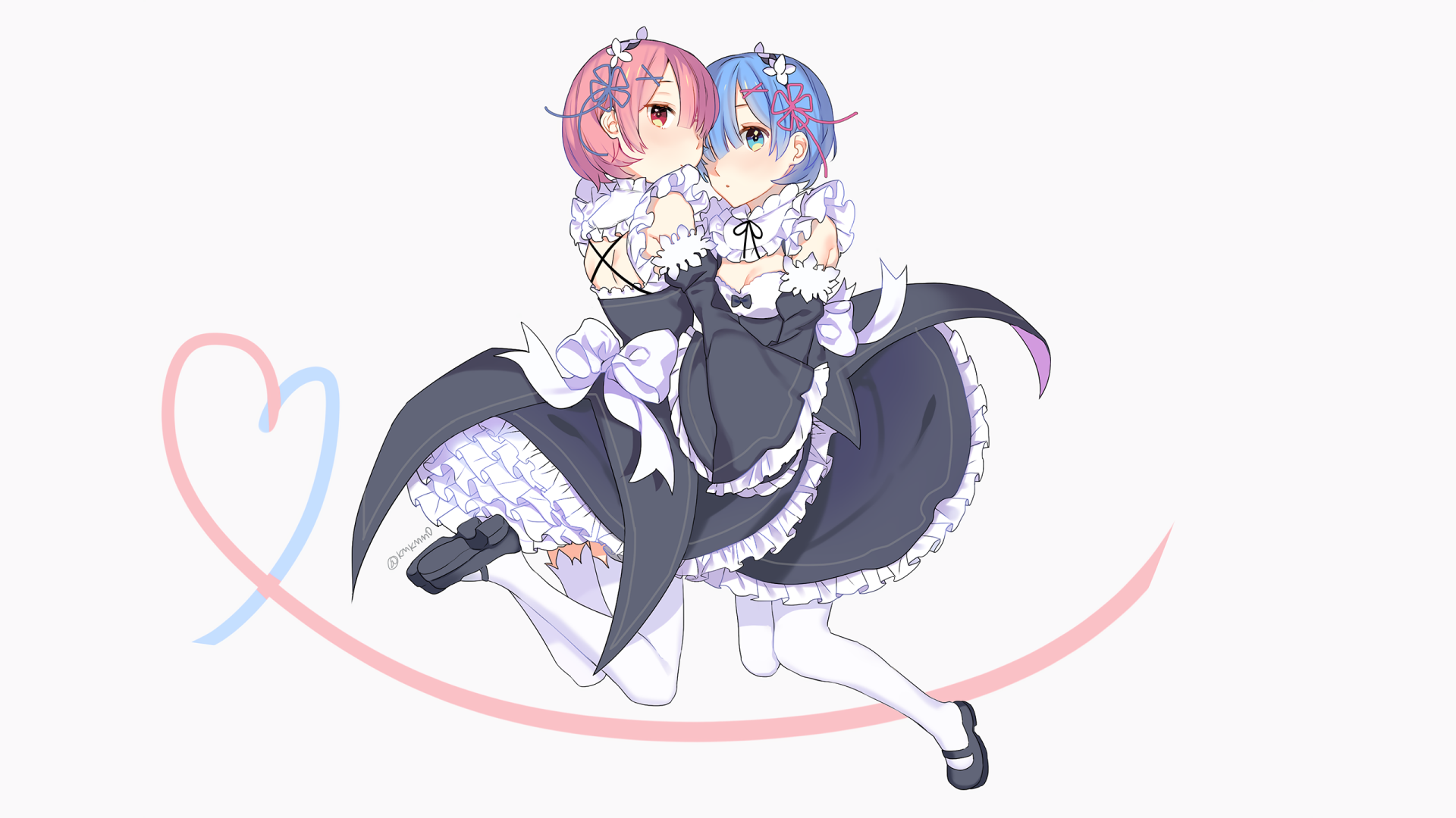 A vibrant HD wallpaper featuring Ram and Rem from Re:ZERO - Starting Life in Another World, showcasing their iconic maid outfits and a playful pose amidst soft heart outlines.
