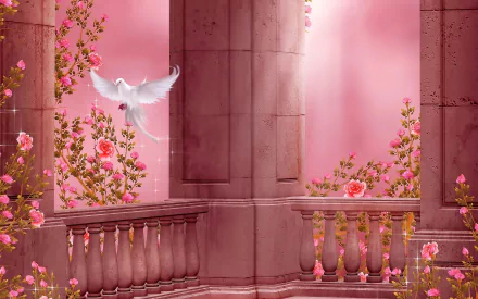 A pink-toned HD desktop wallpaper featuring classical columns, blooming roses, and a white pigeon in an artistic, serene setting.