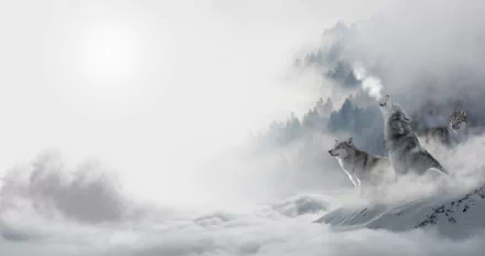 A serene winter landscape featuring two wolves amidst swirling fog and clouds, with distant trees and a soft, glowing sun, creating a captivating HD wallpaper.