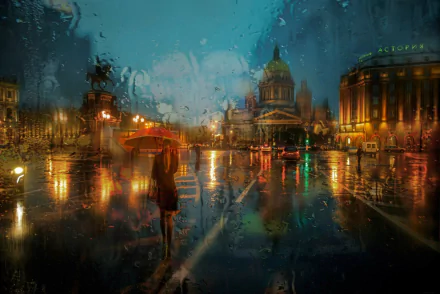 A figure holding a bright umbrella walks along a rain-soaked road in Saint Petersburg, showcasing a vibrant city scene with a grand monument in the background.