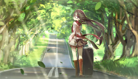 An anime-inspired original HD desktop wallpaper featuring a girl with glasses standing on a tree-lined road, ready for her next journey with a suitcase in hand.