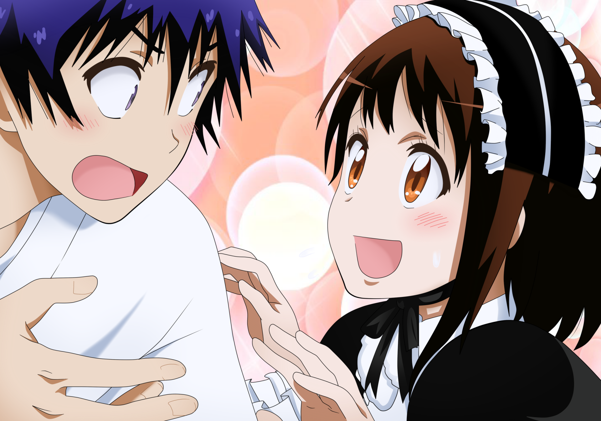 HD PC desktop wallpaper featuring Raku Ichijō and Kosaki Onodera from the anime Nisekoi in a colorful, heart-themed background.