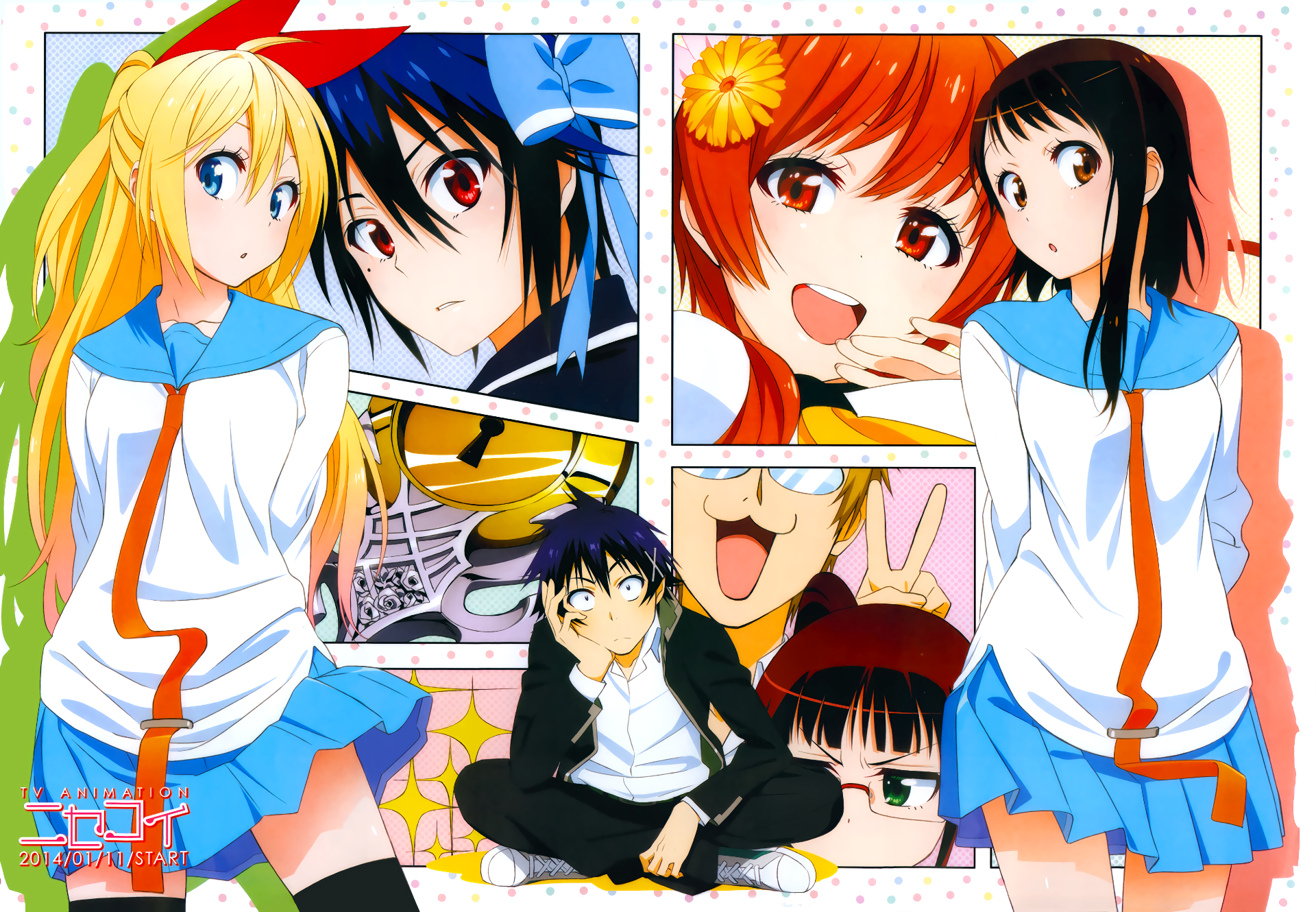 A vibrant anime wallpaper from *Nisekoi*, featuring characters Marika Tachibana, Ruri Miyamoto, Chitoge Kirisaki, and others in school uniforms, showcasing their colorful personalities and expressions.
