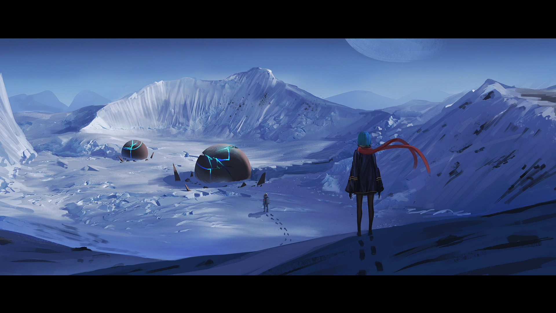 A serene anime landscape featuring a figure in a red scarf overlooking a snowy valley, with futuristic structures and mountains, serving as a stunning HD PC desktop wallpaper and background.