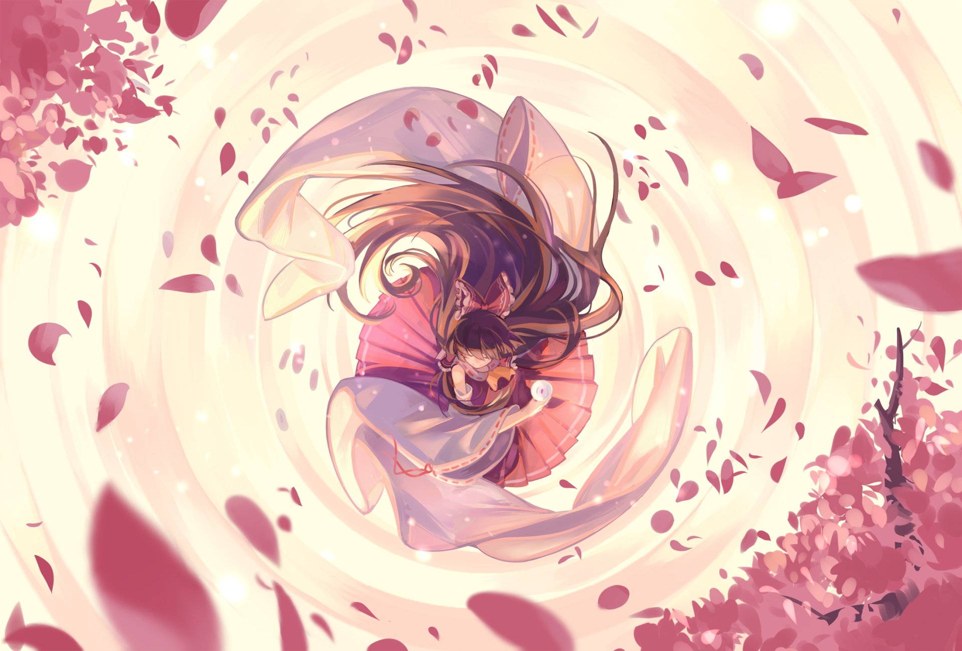 HD PC desktop wallpaper featuring Reimu Hakurei from the anime Touhou, surrounded by swirling cherry blossoms in a vibrant, dynamic composition.